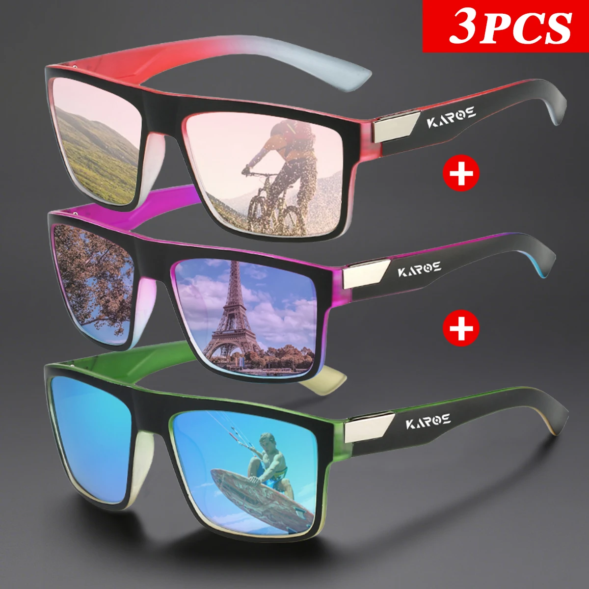 3Pcs/Set Karos Polarized Sports Sunglasses UV400 Protection For Men and Women Fishing Cycling Driving Camping Hiking Glasses
