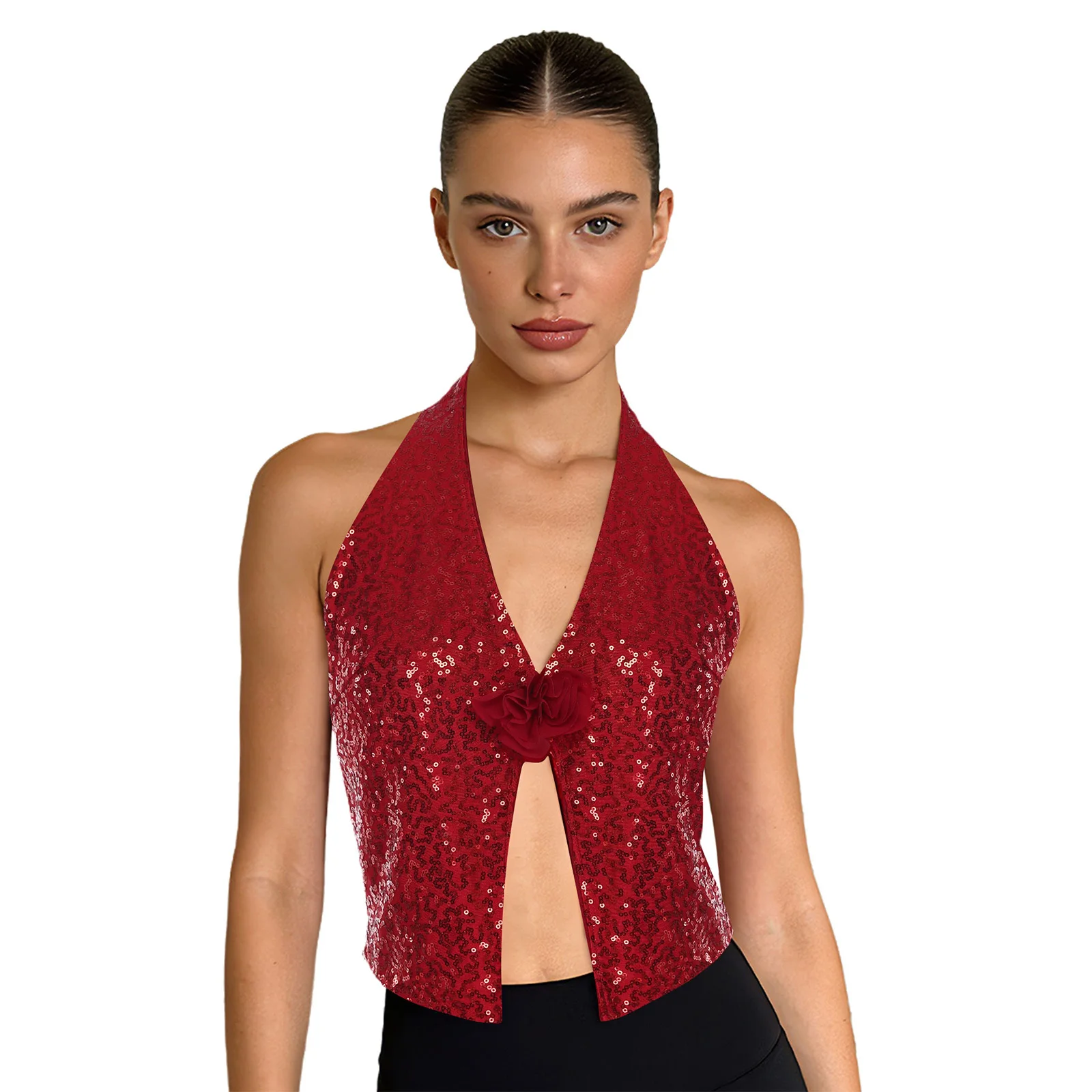 المرأة ثلاثية الأبعاد زهرة الترتر سترة الرسن أكمام عارية الذراعين سبليت الجبهة المحاصيل الأعلى للحزب نادي ديسكو مرحلة الأداء تانك القمم #1