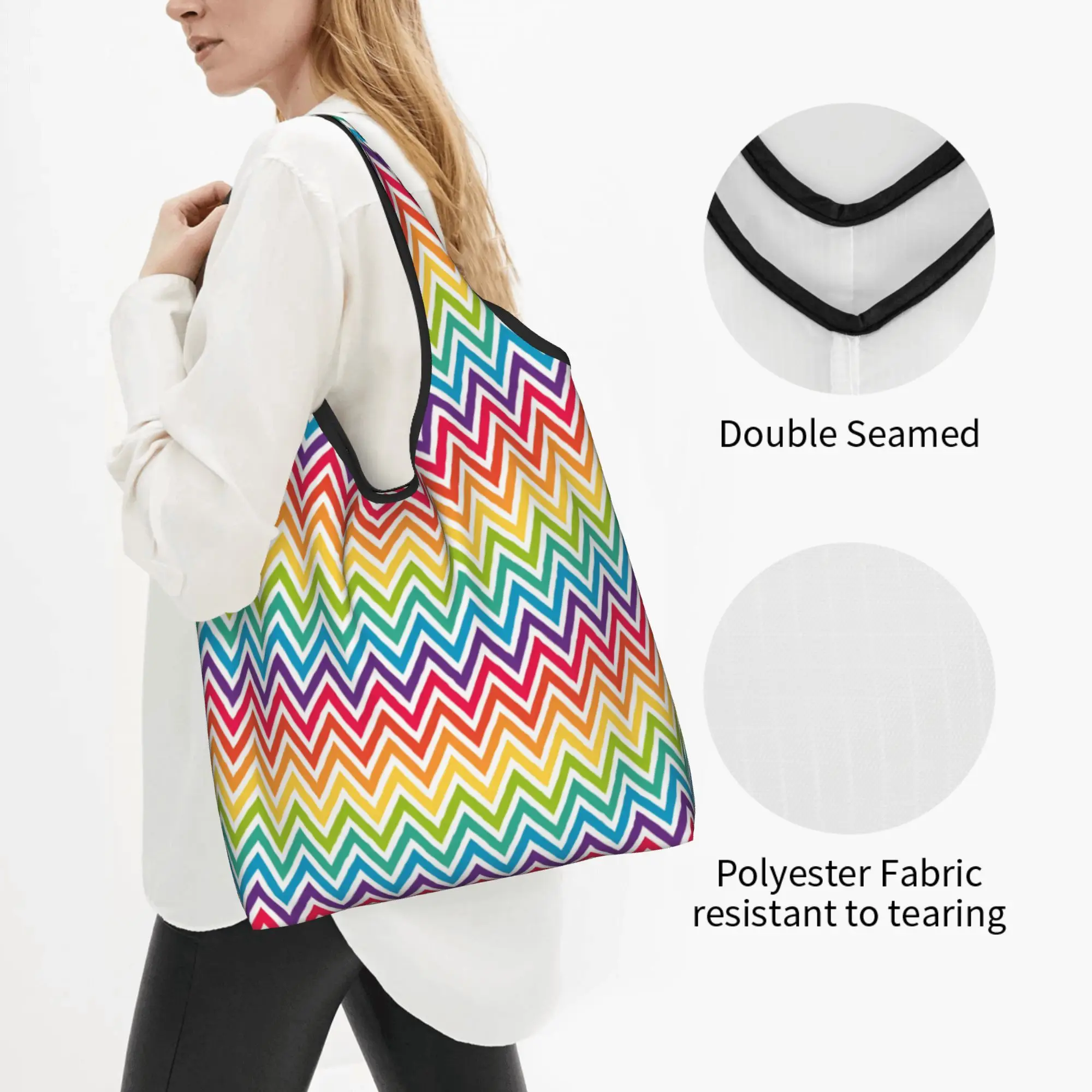 Cute Boho Zig Zag Geometric  Shopping Tote Bag Portable Bright Rainbow Chevron  Groceries Shopper Shoulder Bag