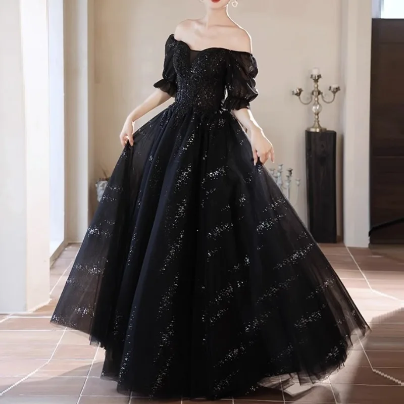 Customized French Elegant Waist Black Evening Dress One-shoulder Birthday Prom Dress Sexy Simple Ball Gown Pleated Mesh Wedding