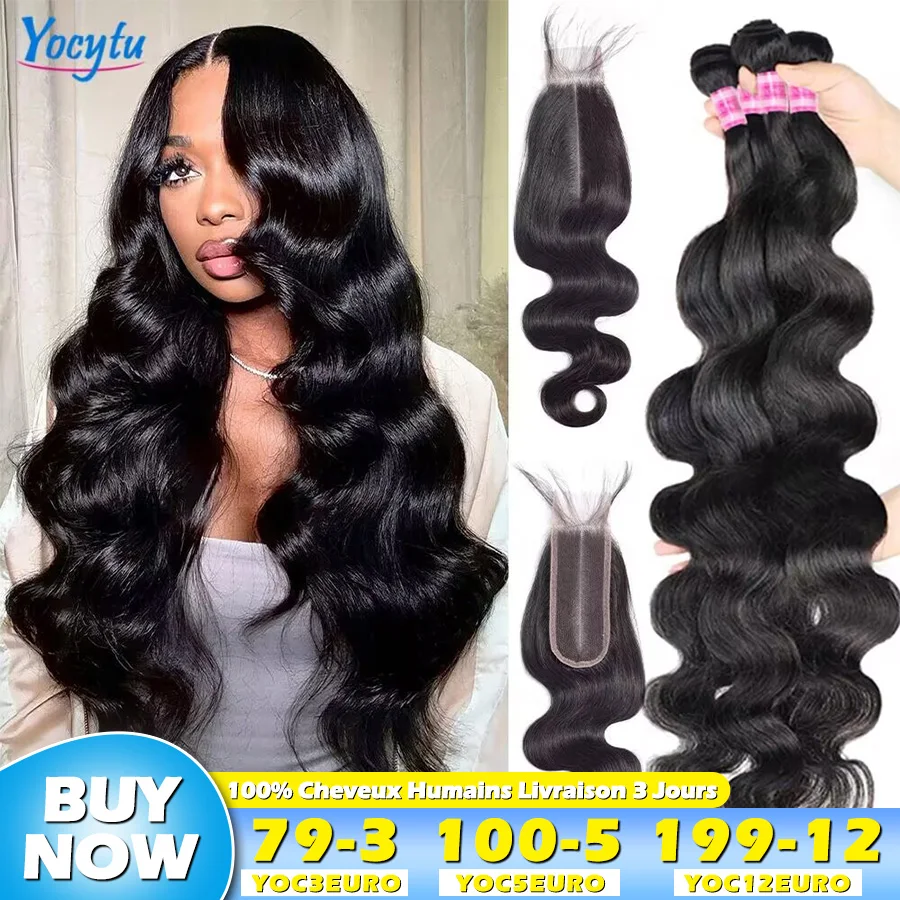 YOCYTU Human Hair Bundles With Closure 20 22 24 Inches Body Wave Bundles Human Hair Bundles 100% Human Hair With Closure 2x6 HD Lace Closure With Bundles Human Hair For Women 1-3 Fast Delivery