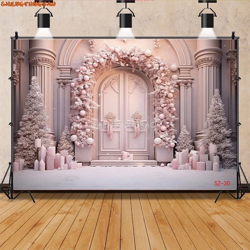 Traditional Christmas Background Decorations And Garland Arch Pink Balls Winter Snowy Outdoor Photography Backdrops Props SZ-86