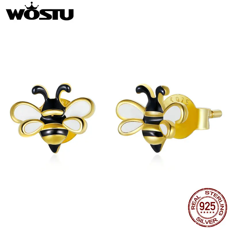 WOSTU 925 Sterling Silver Small Bee Earrings Simple Cute Insect studs Earrings For Women Fashion Silver Jewelry CQE1182