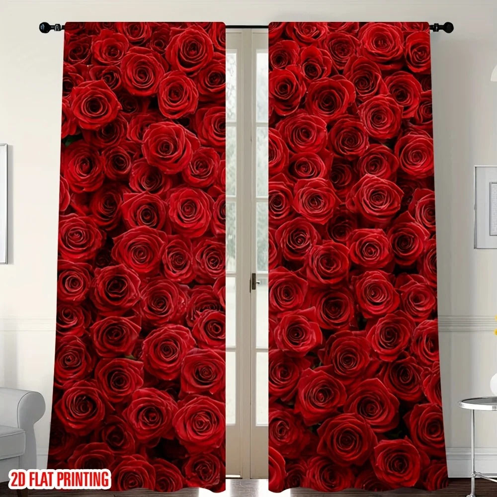 2pcs Red Rose Full Bloom Curtains Blackout Drapes for Bedroom Passionate Decor Dense Floral Print Window Treatment Panels