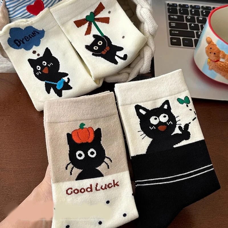 1 Pair Cute Socks with Personality Polka Dots Cat Korean-style INS Stacked Socks for All Seasons Student Mid-calf Socks