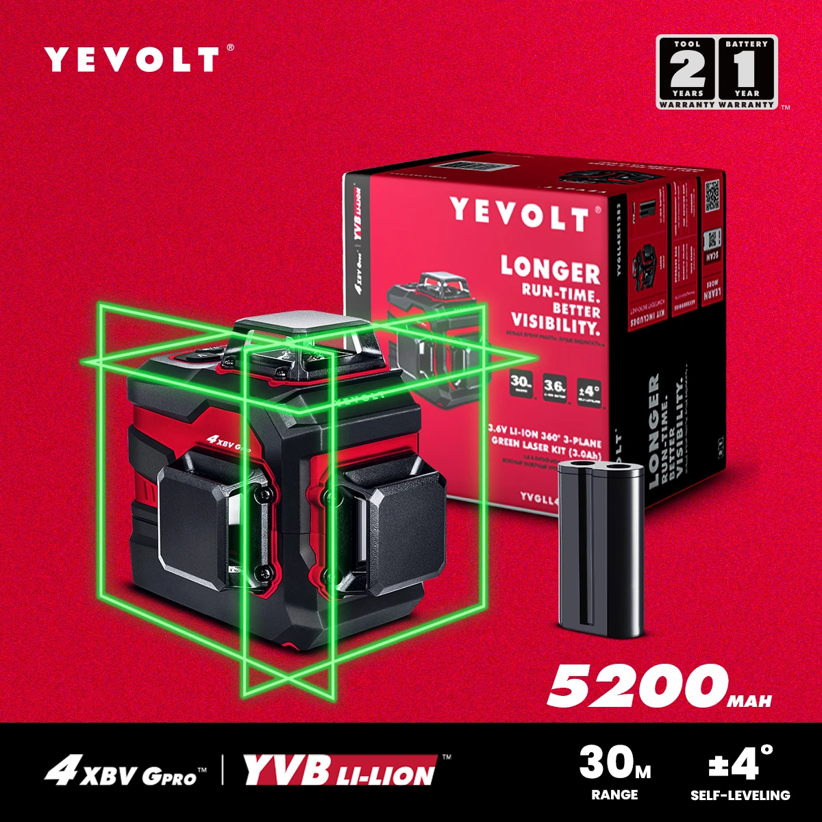 YEVOLT YVGLL4XS12PRO Green Laser Level with 5200mAh Battery 3D 12-Line 360° 3-PLANE Self-Leveling Tool for Measurement Task Tool