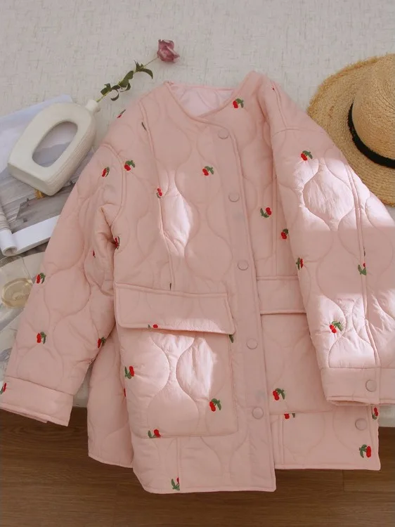 الكرز الوردي المطرزة القطن Jaet الكورية Sle سليم صالح الماس نمط شتاء جديد وصول المرأة Faion تخفيف Sle