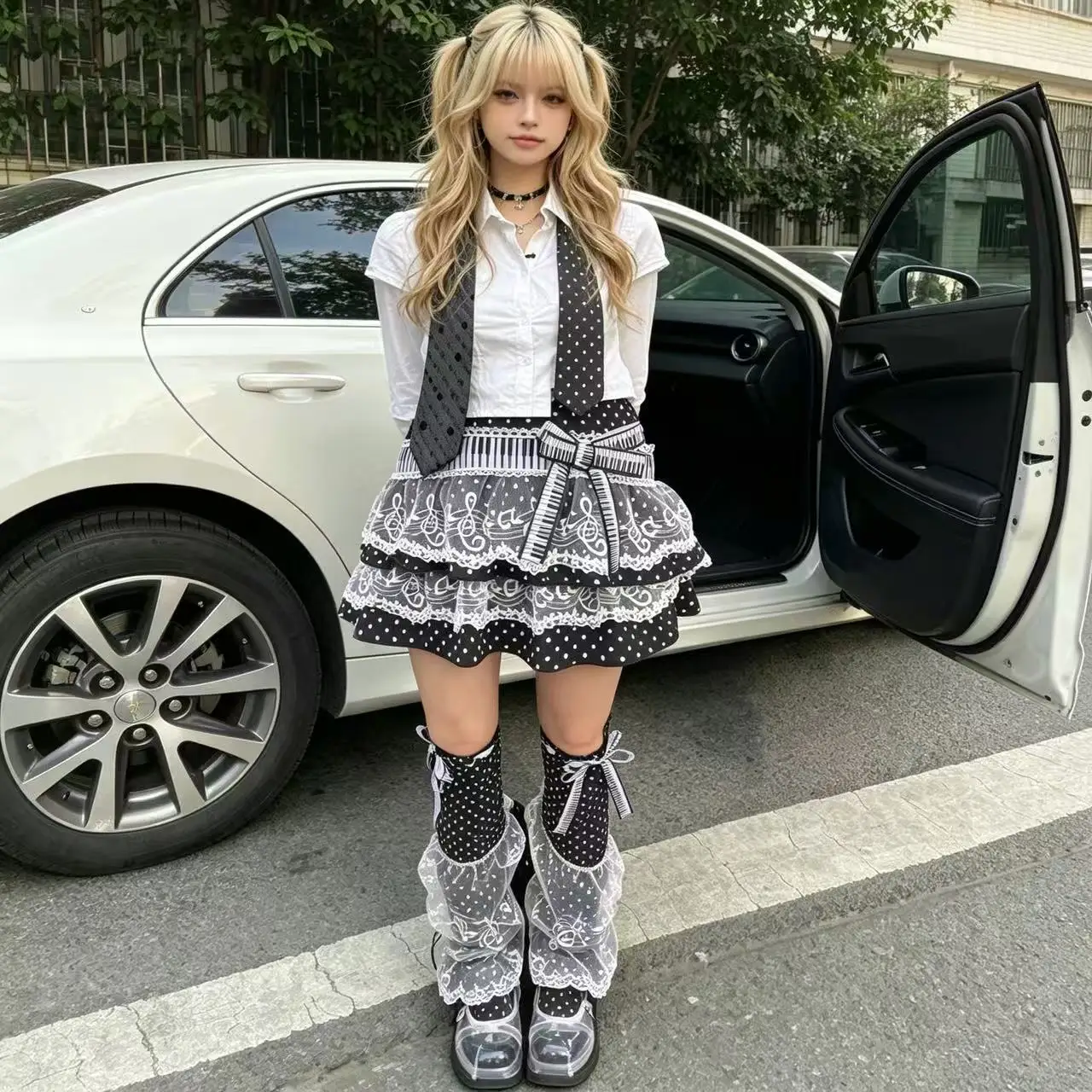 Japanese Kawaii Piano Note Mini Skirt with Bow Gothic Lolita Polka Dot Lace Ruffle Layered Cake Skirt Jirai Kei Alternative