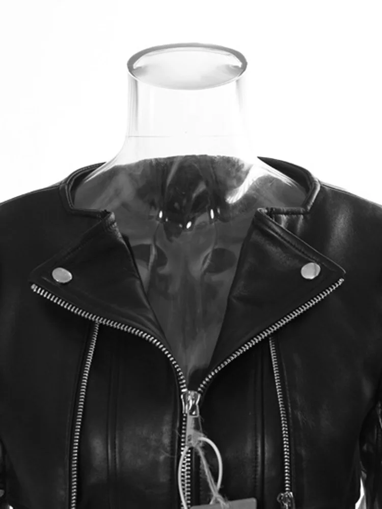   STUDIO Street Sle Me Blouson Biker Femme Noir en Cuir avec Patchwork de Dentelle, Manches Bouffantes et Taille Cintrée