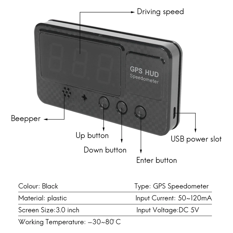 

Car Digital GPS HUD Speedometer 3 Inch Head Up Display With Overspeed MPH/KM/H Warning Alarm Black