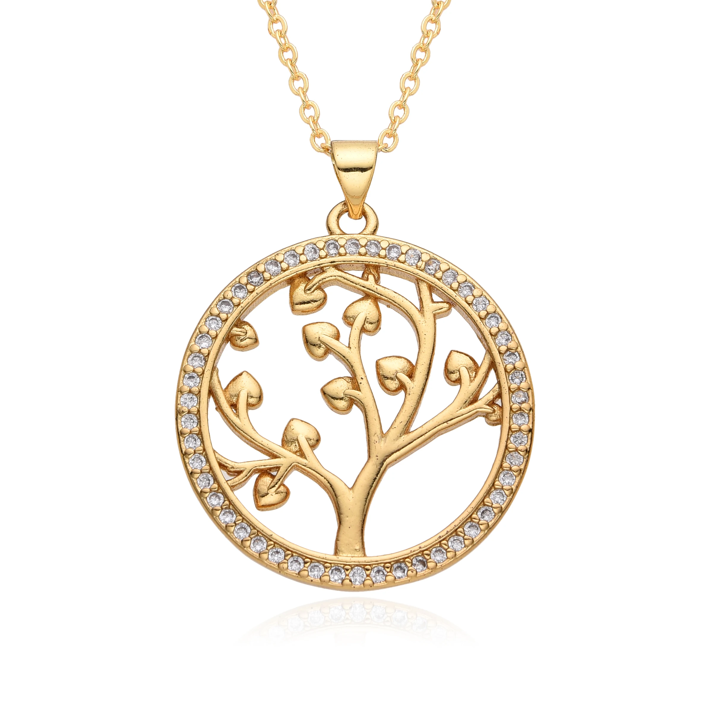 Regalo para el Día de la Madre: Círculo chapado en oro con circonitas multicolores y pequeños corazones. Dijes del Árbol de la Vida, collar con medalla familiar, joyería de la paz, colgante al por mayor.