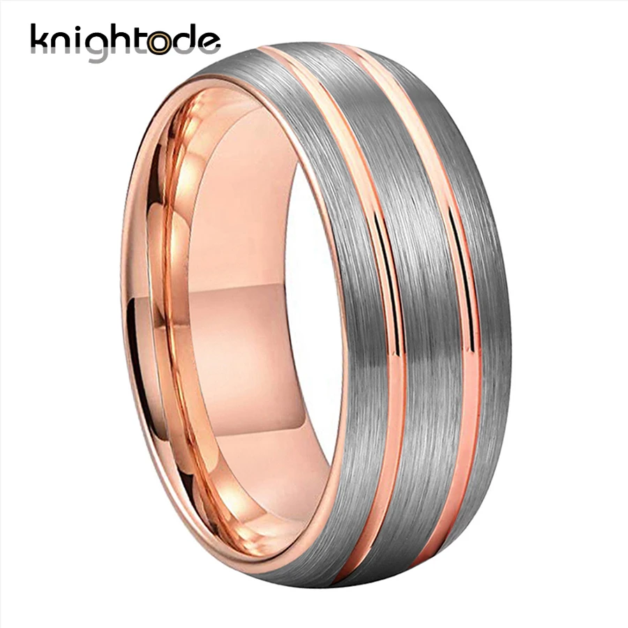 

8mm High Quality Rose Tungsten Carbide Rings Two Grooved For Men Women Simple Style Wedding Band Dome Brushed Comfort Fit