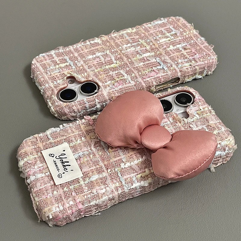 Fashion Pink Plush Weave Texture Bowknot Case For iPhone 16 Pro Max 15 13 14 12 Soft Fabric Phone Back Cover