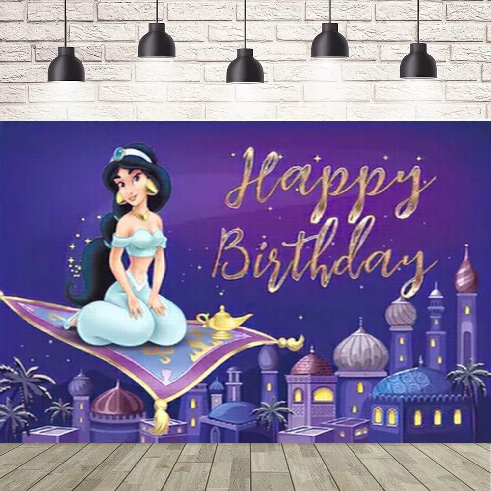写真撮影の背景ジャスミンプリンセスアラジンテーマバナーガール誕生日パーティールーム装飾背景は名前をカスタマイズすることができます