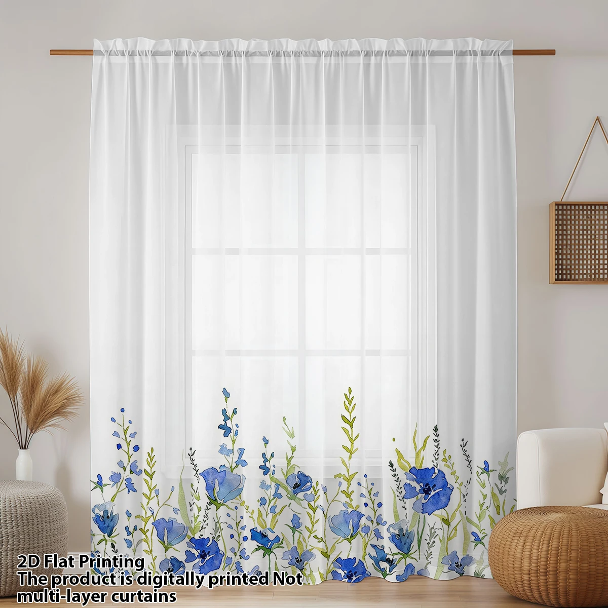 Royal Blue Floral Rod Pocket Sheer Curtains, Watercolor Border Flower Voile Window Curtain for Bedroom Living Room Decor