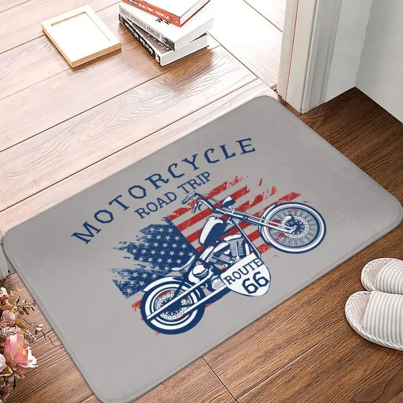 Motorcycle Road Trip Route 66 Front Door Mat Anti-Slip Outdoor Absorbent Motorbike Doormat Kitchen Balcony Entrance Rug Carpet