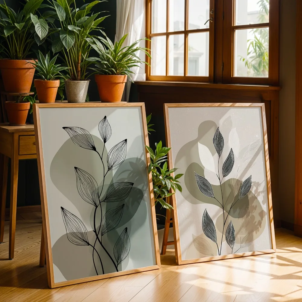 2pcs Frameless Sage Green and Leaf Wall Art, Abstract Plant Prints, Suitable for Modern Minimalist Scandinavian Wall Decoration