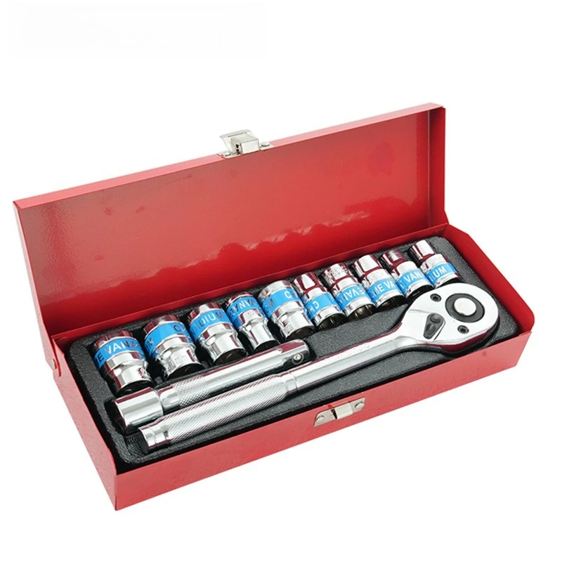 

24-Piece set of chrome vanadium steel auto repair light handle fast ratchet wrench F rod blue belt sleeve iron box tool set