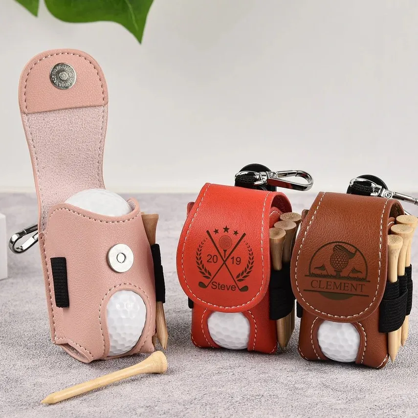 Personalized Golf Ball and Tee Pouch PU Leather Storage Bag with Carabiner Clip Compact Outdoor Golf Gift Laser Engraved Name