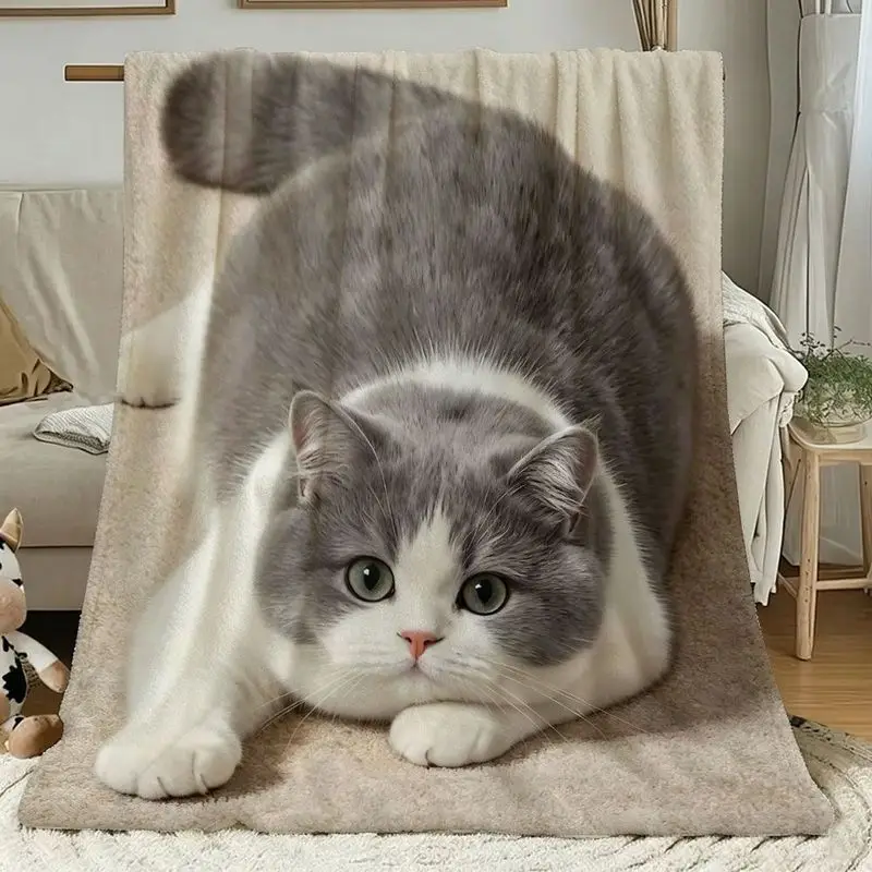 VIKAMA British Shorthair Cat Flannel Throw Blanket Cute Gray White Kitten Print Soft Warm Sofa Bedroom Decor Gift for Cat Lovers