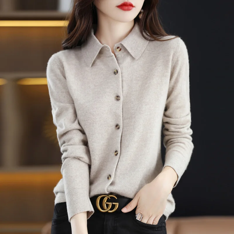 100% pure wool cardigan blouse collar coat Joker cashmere autumn new knitted shirt