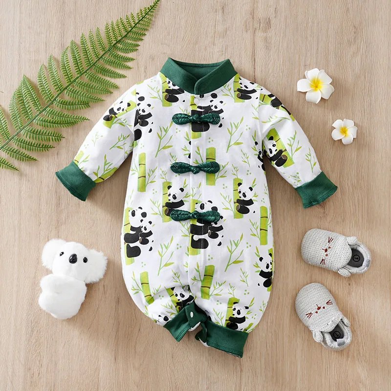 Baby's New Chinese Style Jumpsuit With Pure Cotton Buckle Design And Panda Print Baby Spring And Autumn Clothes