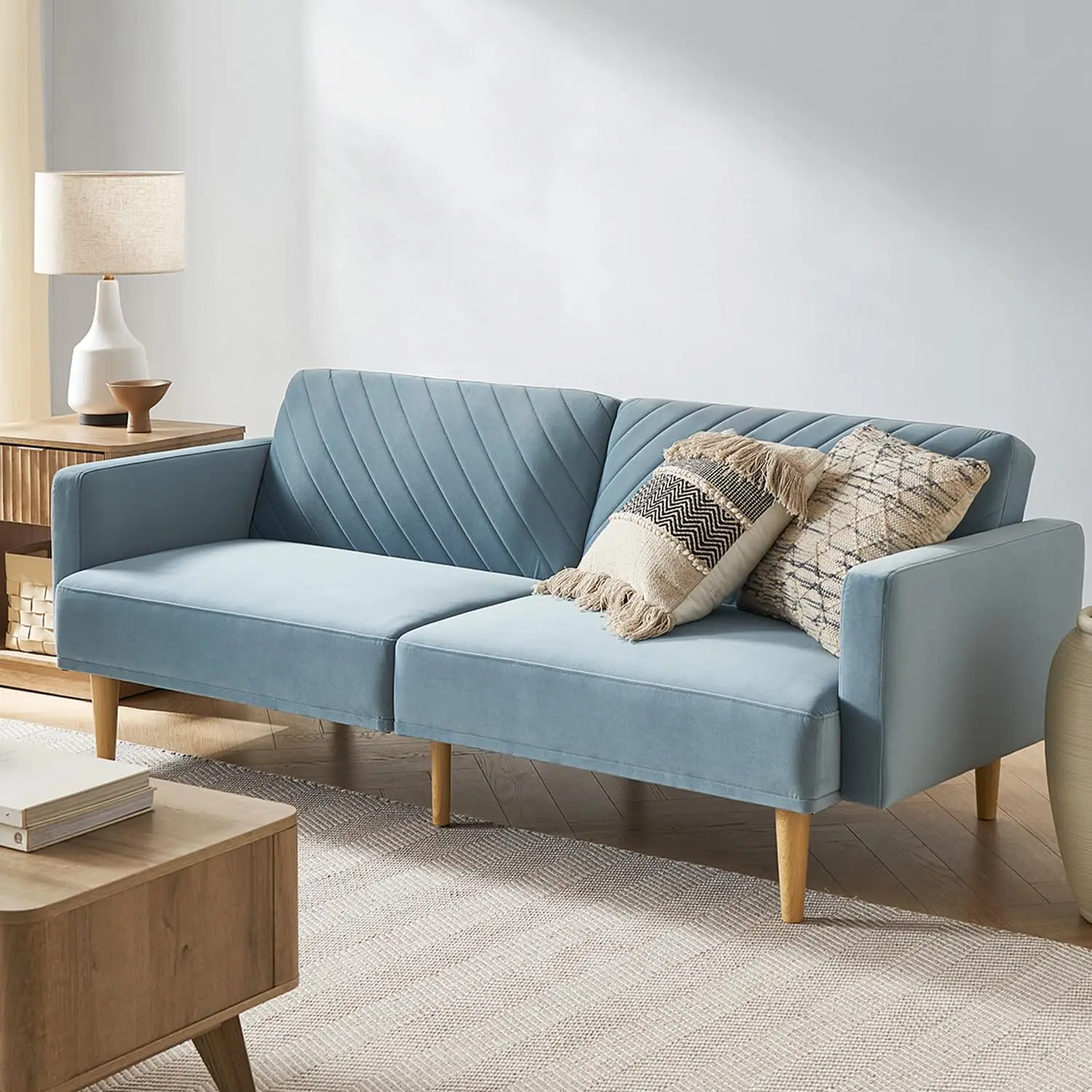 Sofa Bed, Small Sleeper Sofa, Mid-Century Modern couch in sky blue premium velvet, ideal for living rooms.