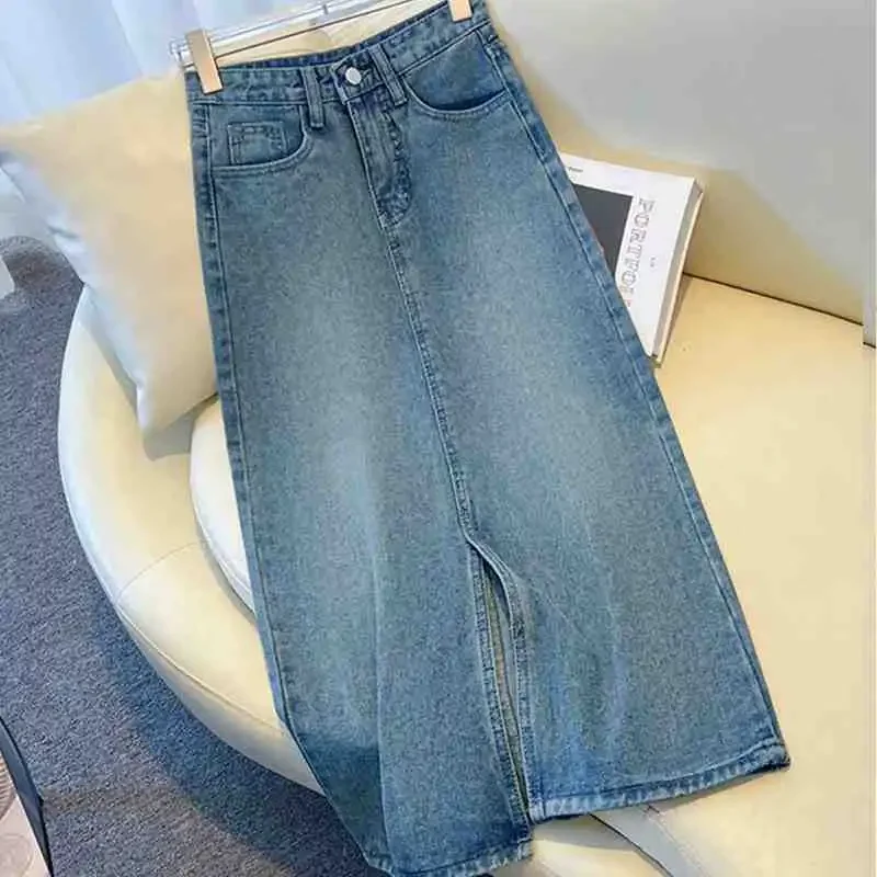 Nueva falda vaquera adelgazante de cintura alta de verano para mujer, falda pequeña ajustada de longitud media con abertura lateral y combinación de moda