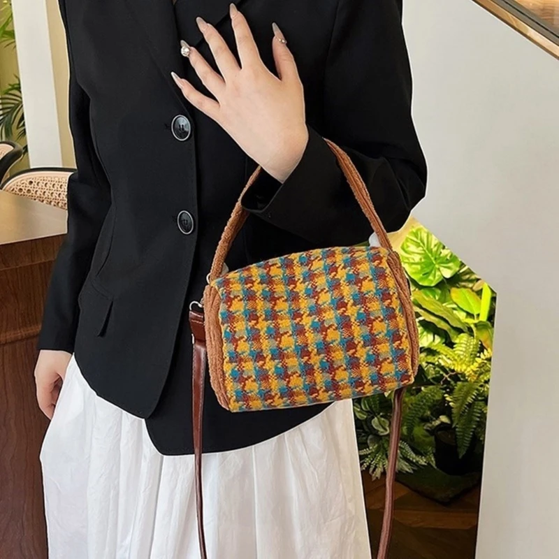 Bolsa ombro feminina estilo coreano com alça crossbody vintage lã houndstooth padrão bolsa pequena para compras