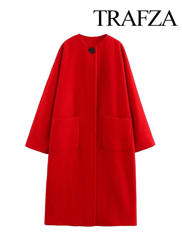 

TRAFZA Women's Red Fashion Versatile Round Neck One-Button Wool Blended Coat Female Elegant Pocket Decorated Long Sleeve Jacket