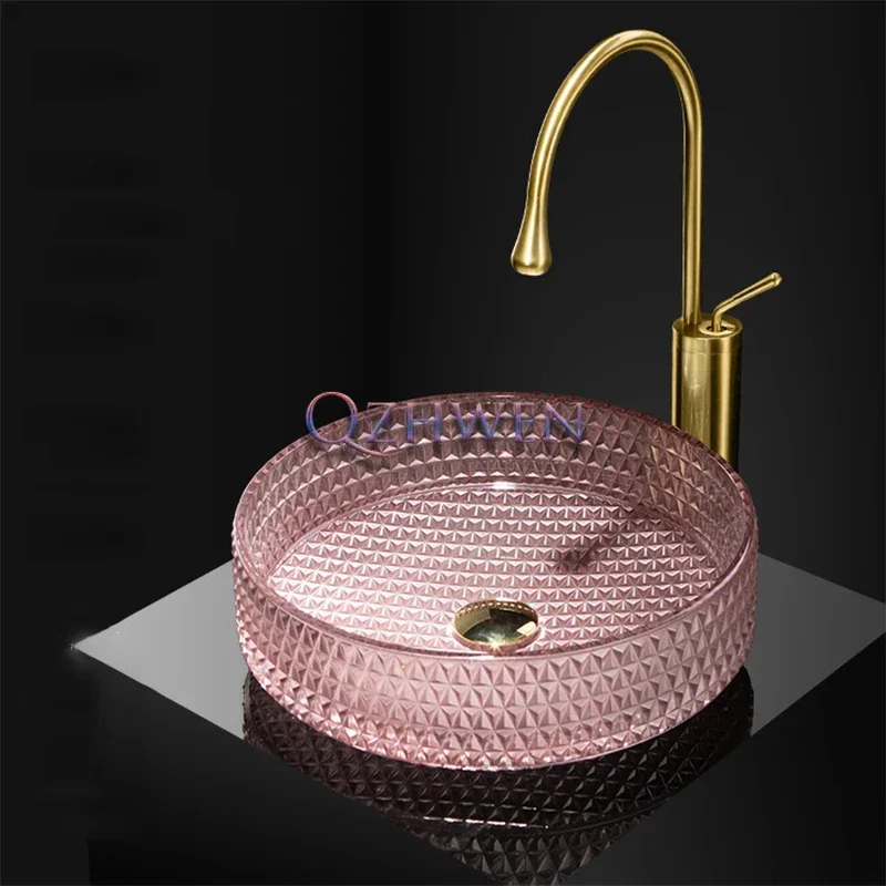 

Luxury Crystal Glass Sink Bathroom Washbasin Pink Countertop Art Basin Round Mini Bowl Basin Washroom Vessel Sink With Taps