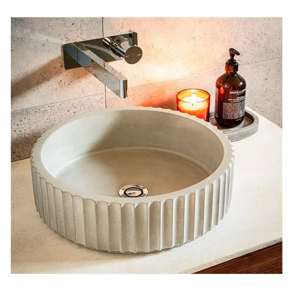 Concretti Designs Handmade Round Fluted Bathroom Basin Concrete Countertop Vessel Sink