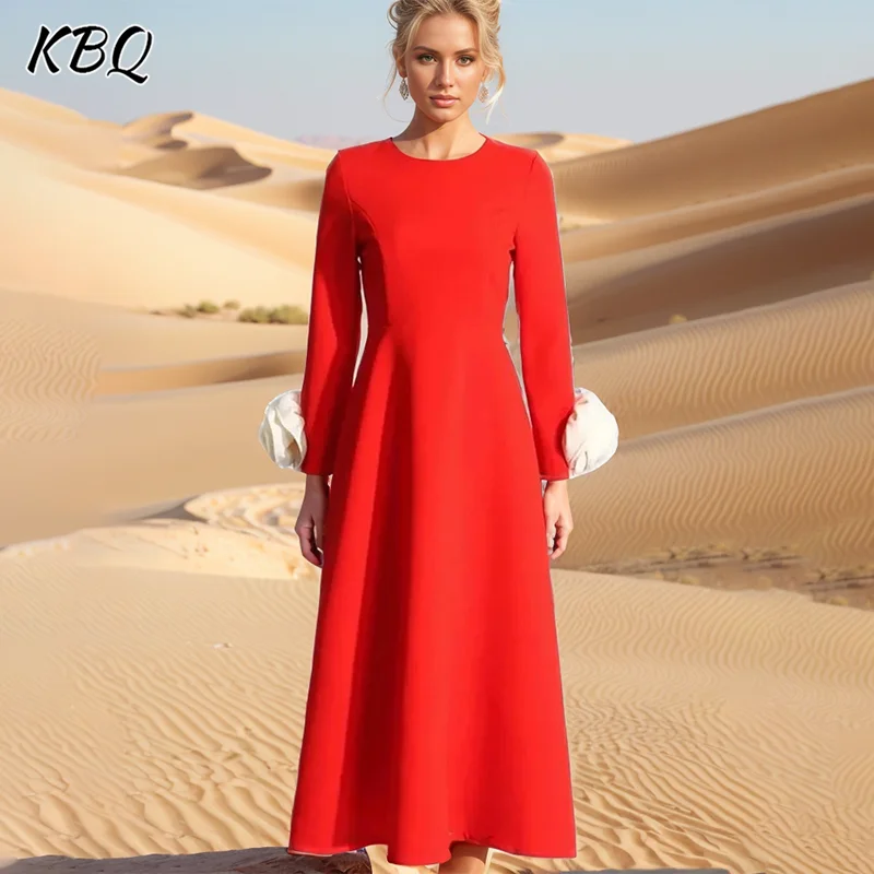 

KBQ Elegant Slimming Dresses For Women Round Neck Long Sleeve Patchwork Appliques High Waist A Line Long Dress Female Fashion