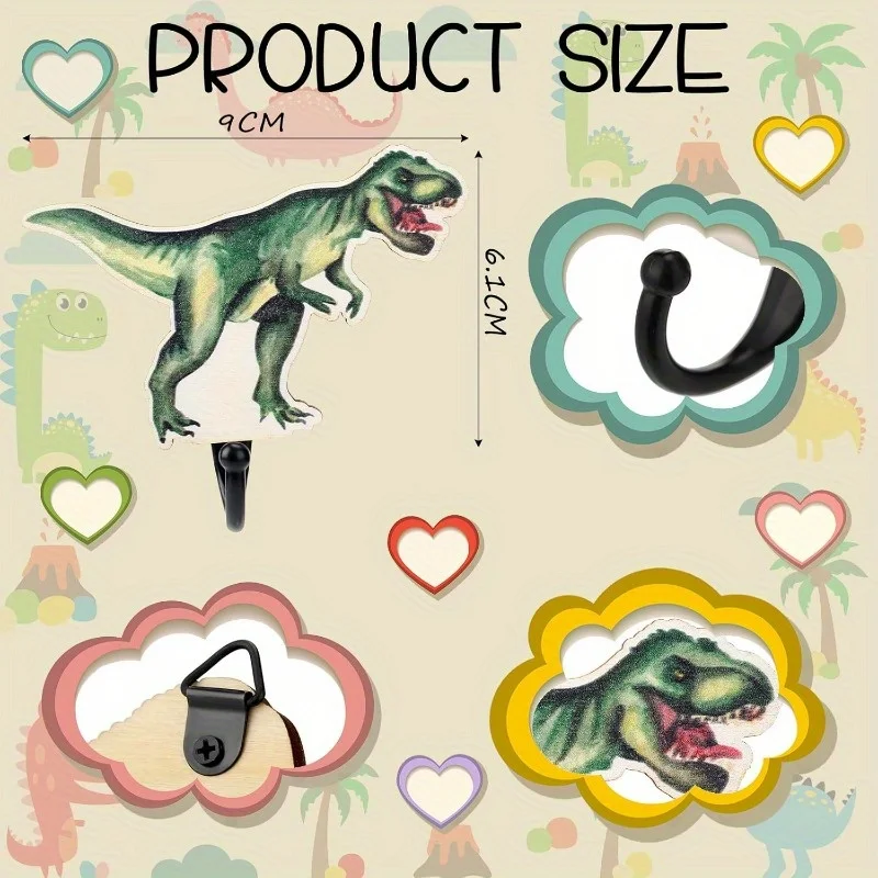 4pcs wooden wall hooks with a dinosaur theme, suitable for rooms. They are ideal for hanging coats and add decorative touches 