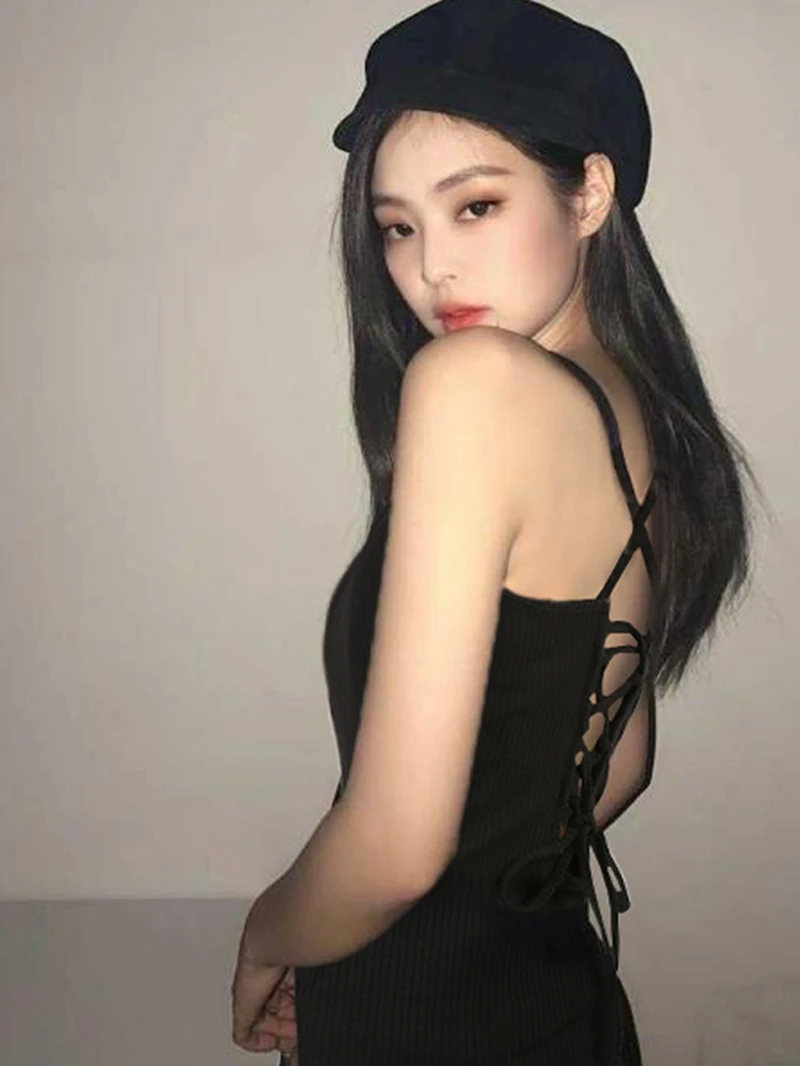 Kpop Girl Group Women Jazz Dancewear Summer New Rave Wear Black Slim Lace-up T-shirt Korean Stage Costume Lady Cross Sling Tops