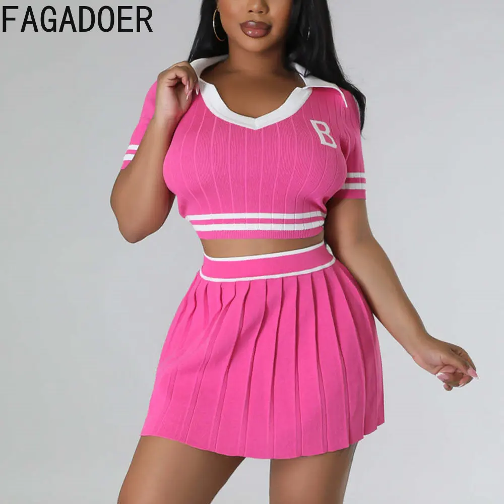 

FAGADOER Summer Casual Sporty Pleated Skirt Sets Women V Neck Short Sleeve Crop Top+Mini Skirts Two Piece Outfits Academic Style