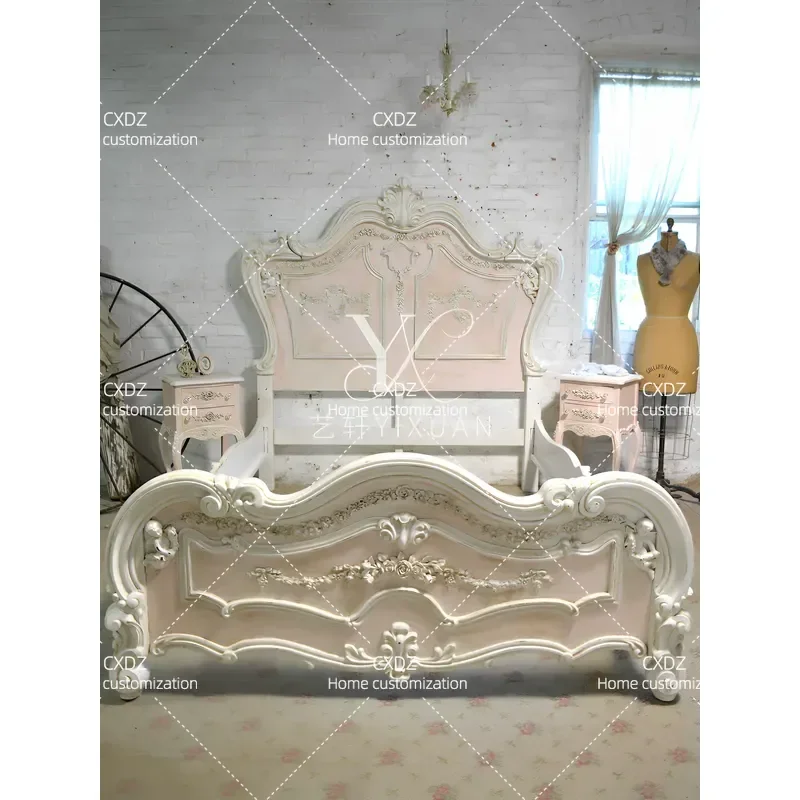 Embossed Flower Retro Bed French Pastoral Light Luxury Girl Style Solid Wood Master Bedroom Double Bed