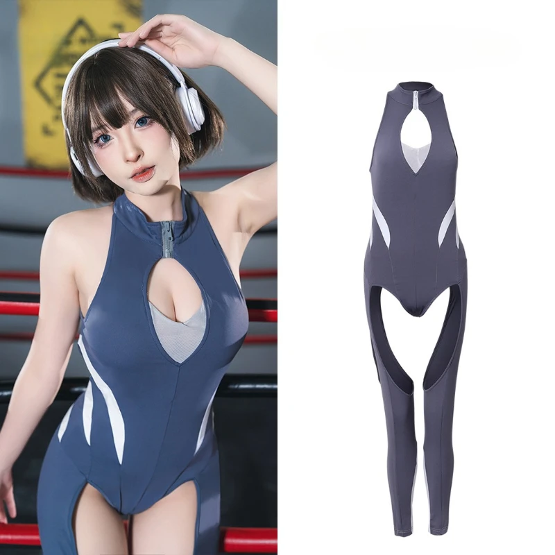 Woman Sexy Open Crotch Backless Cosplay Bodysuits Hollow Out Anime Skinny Gray Compress Shorts Patchwork Fashion Zipper Bottoms