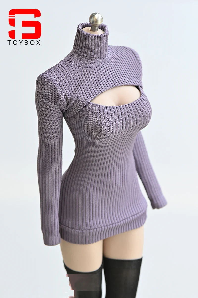 1/6 Kobieta Żołnierz Sweter Slim Elastic High Neck Knit Pullover Sexy Open Chest Tops Mini Sweter Sukienka dla 12-calowej figurki akcji