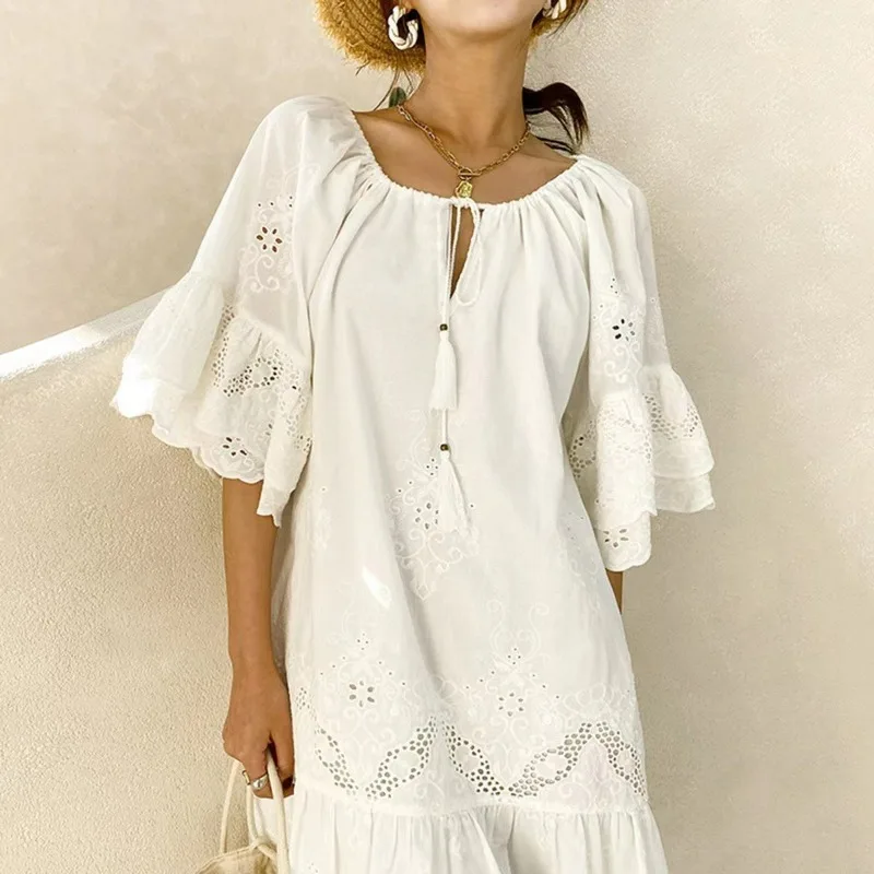 2024 Spring Summer Short Dress Solid Color Cotton Loose Waist White Lace Pullover Vacation Style Dress