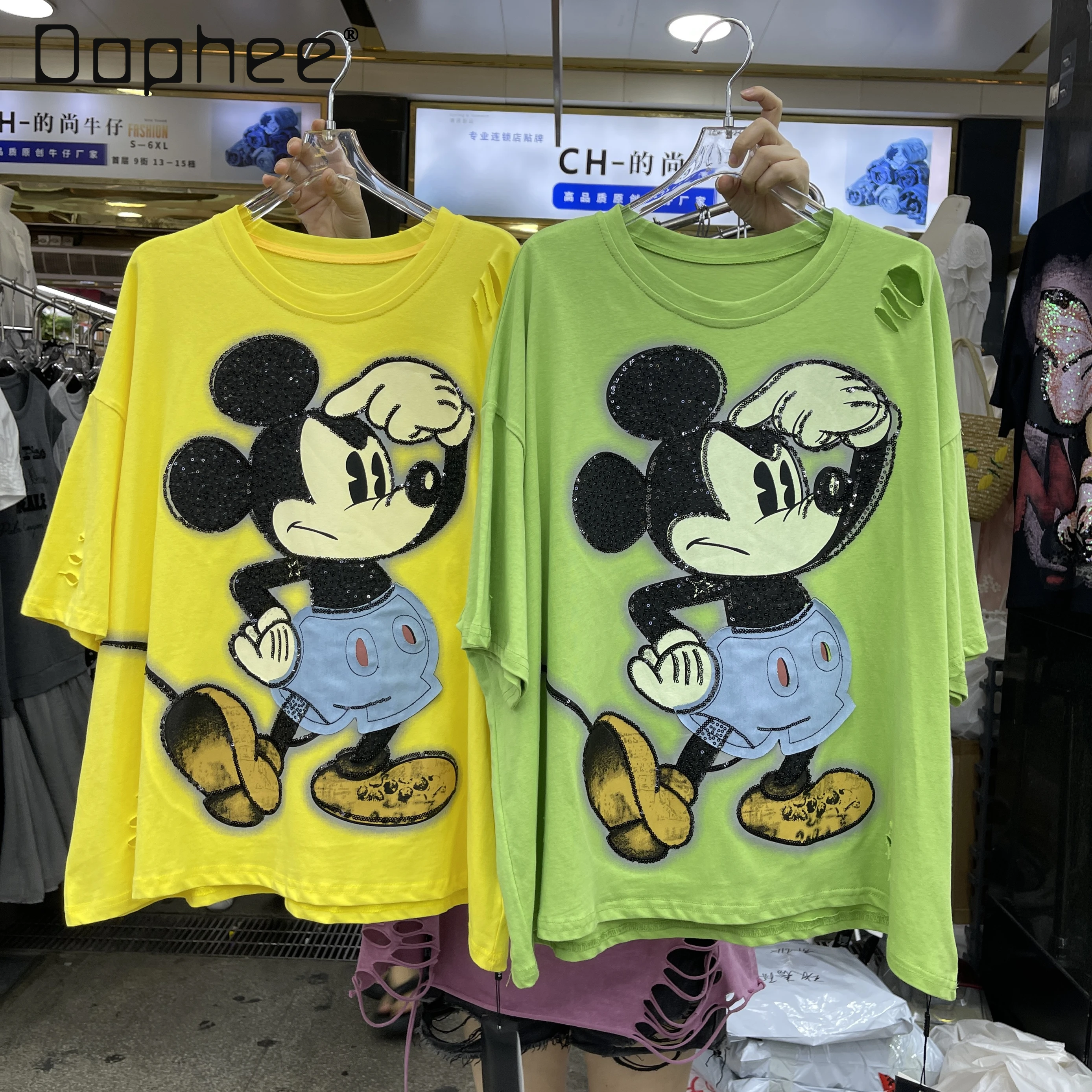 

2025 Summer Heavy Industry Embroidery Cartoon Sequins Mediumlength Loose T-shirt Women Versatile Crew Neck Casual Top Trendy Tee