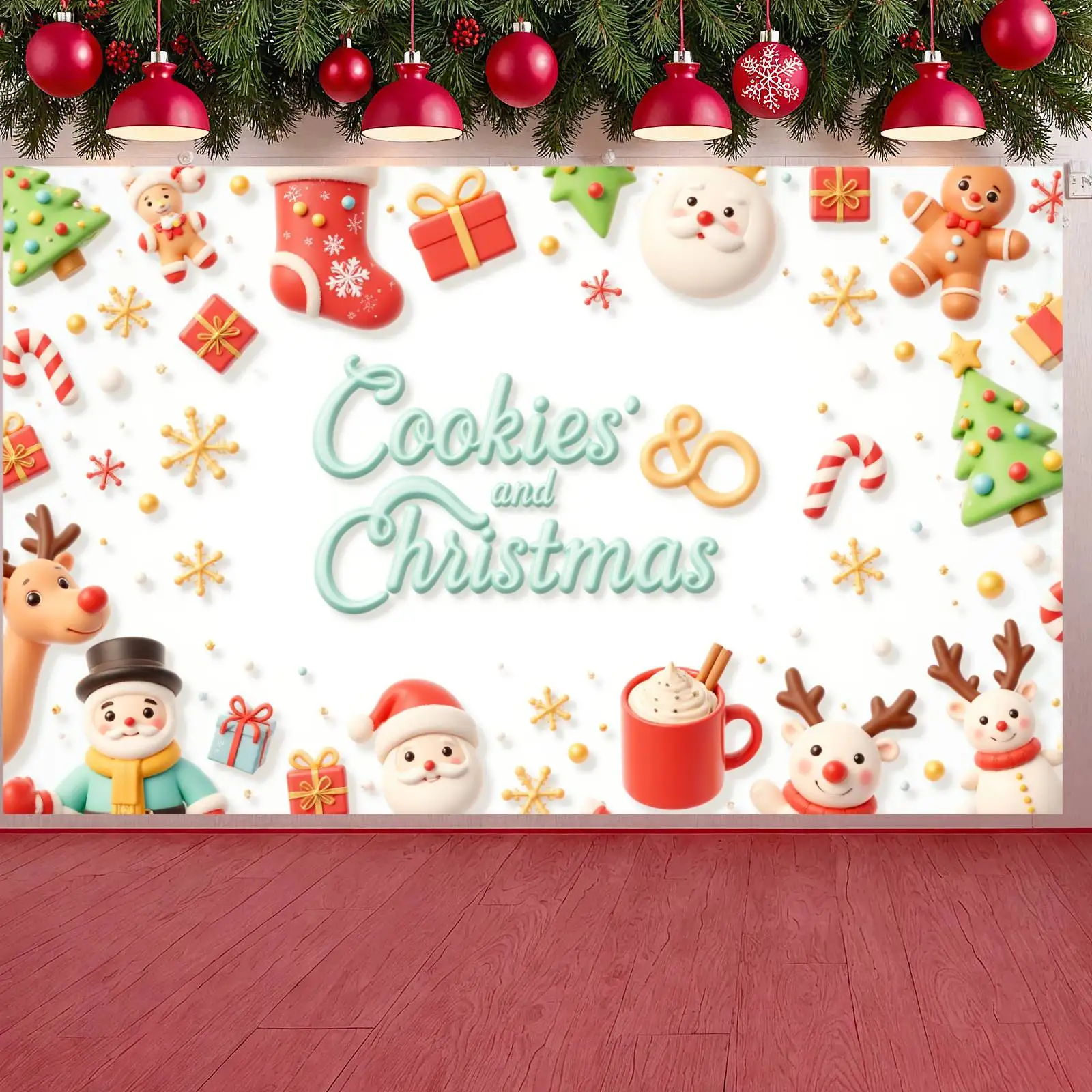 Christmas Party Backdrop Snowflake Cookies Cocoa Banner Winter Festive Display Reindeer Holiday Backdrop For Holiday Celebration