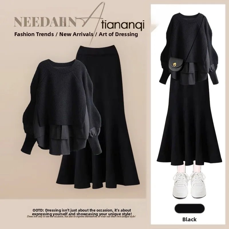 

Korean Design Fake Two-Piece Top High Waist Fish Tail Skirt Set Women's Fashion Autumn New Style Long Sleeve round Neck Sweater
