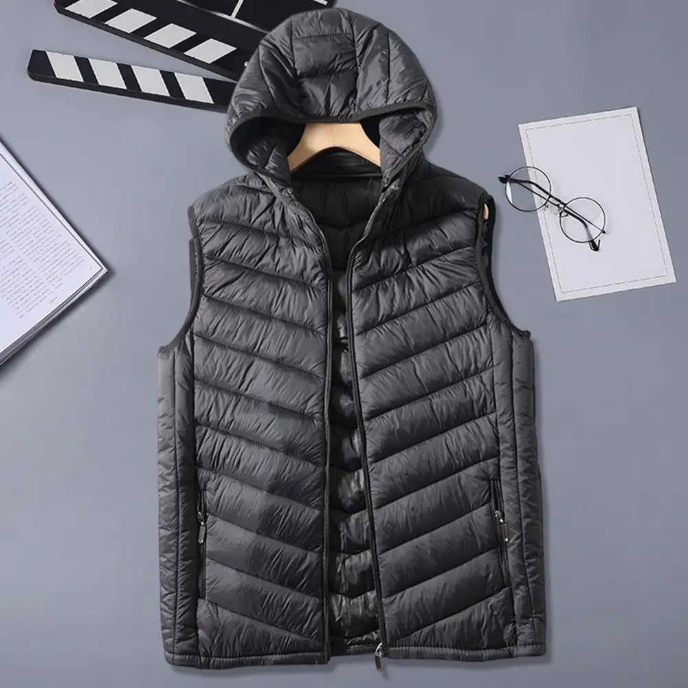 

With Pockets Casual Cotton Waistcoat Male Outerwear Men Winter Waistcoat Hooded Sleeveless Zipper Closure Vest Coat Solid Color