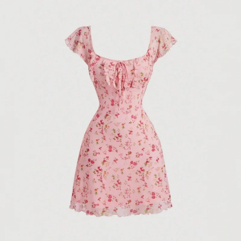 Women Summer Sexy Sweet Floral Print Mesh Mini Dress Lace-up Square Neck Slim Fit Sweet Flounce Sleeve Tulle Short Dress