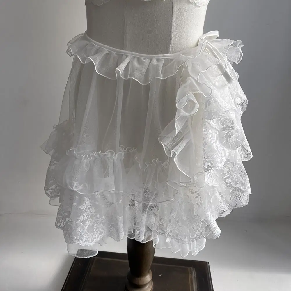 Creative White Black Lolita Short Shawl Ruffles Lace Mesh Lolita Skirt Sheer Cosplay French Style Smock Gothic Girls view 2