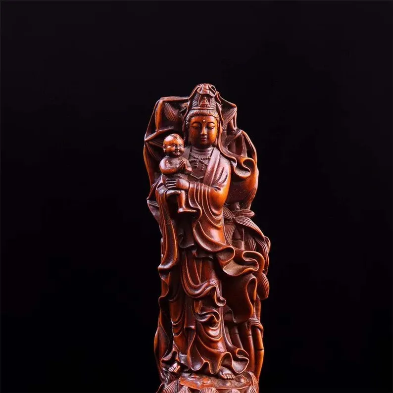 Son Guan Yin Sculpture, Exquisite Chinese Bodhisattva Representation, Hand-Carved Solid Wood Figurine, A Vintage Accent