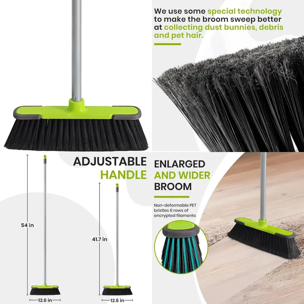 

Зеленая метла для помещения, 54-дюймовая метла с длинной ручкой для уборки пола, подметальная метла для кухни, гаража, вестибюля, патио и сада