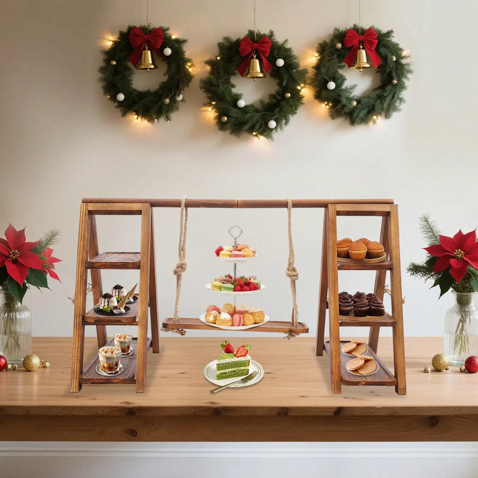 Wooden Double 3 Tier Serving Tray Ladder Dessert Stand Cupcake Stand With Detachable Trays, Platter Tray Party Food Display Set For Cake Snack Fruit Chips Bread Centerpieces Catering