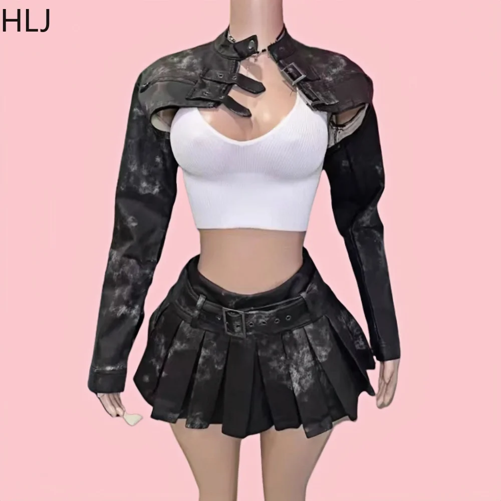 

HLJ Balck Fashion Punk Rock Leather Two Piece Sets Women Button Long Sleeve Crop Jacket + Belt Pleated Skirts Outfits Streetwear